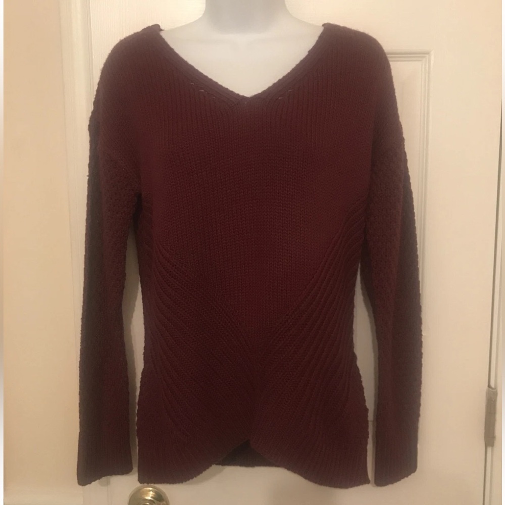 True Craft Maroon V-Neck Ribbed Knit Pullover Sweater Size S